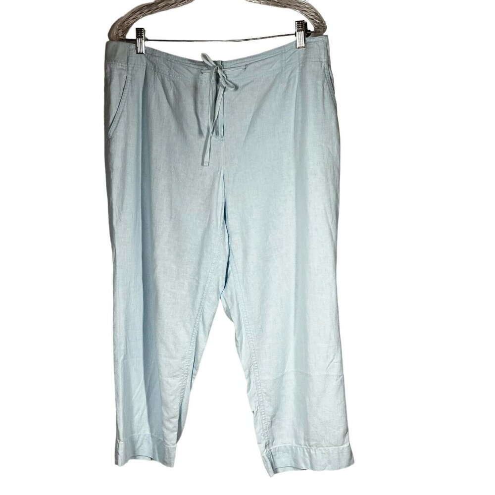 J Jill Elastic Waist Tie Crop Pants Linen‎ Blend Size 14 Light Blue